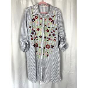 Layerz Embroidered Floral Stripe Shirt Dress Cottagecore Boho Oversized
